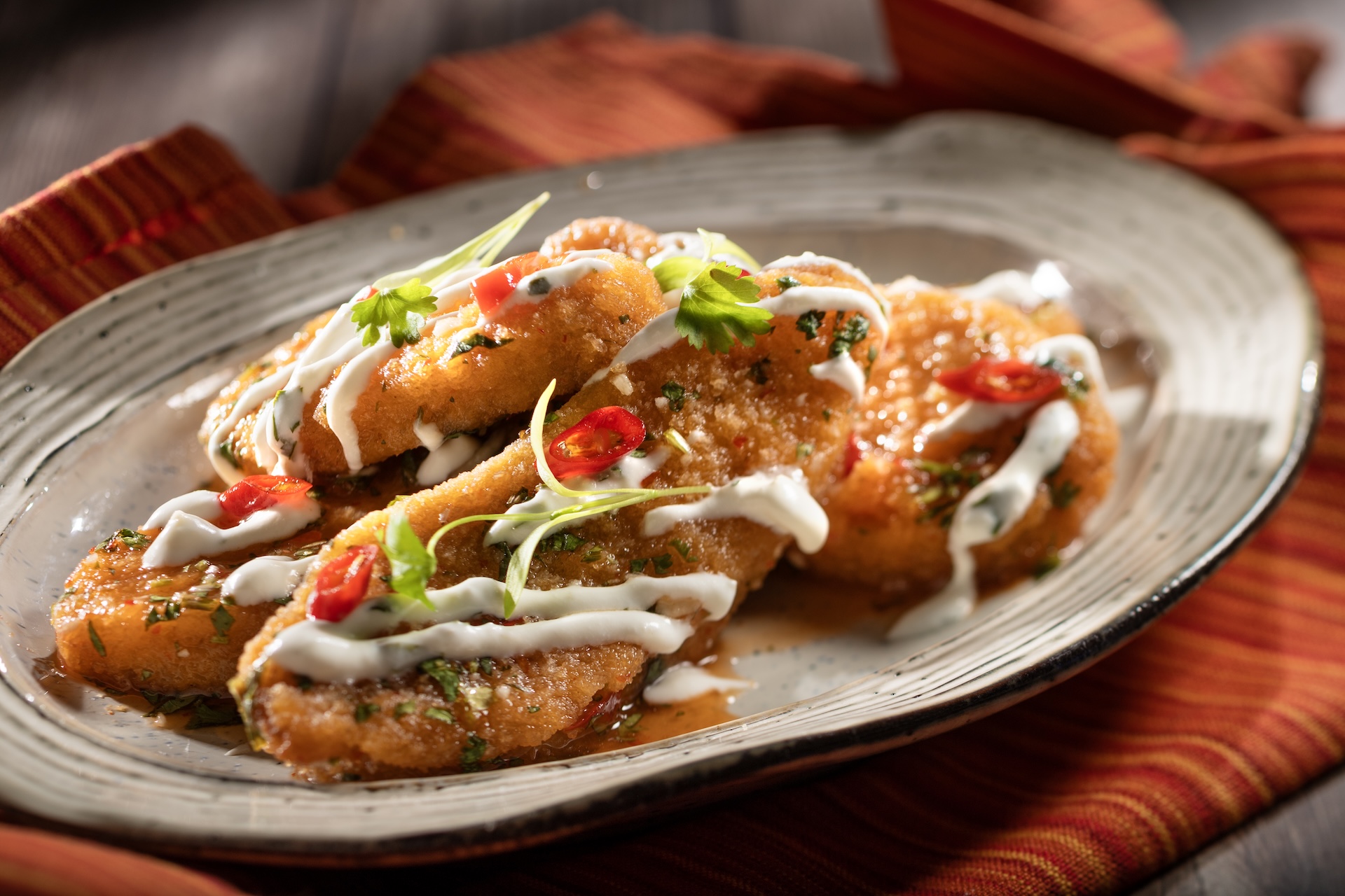 Sweet Chile-Lime Plant-based Chicken Strips with plant-based cilantro crema and spicy peppers (Plant-based) (New)  