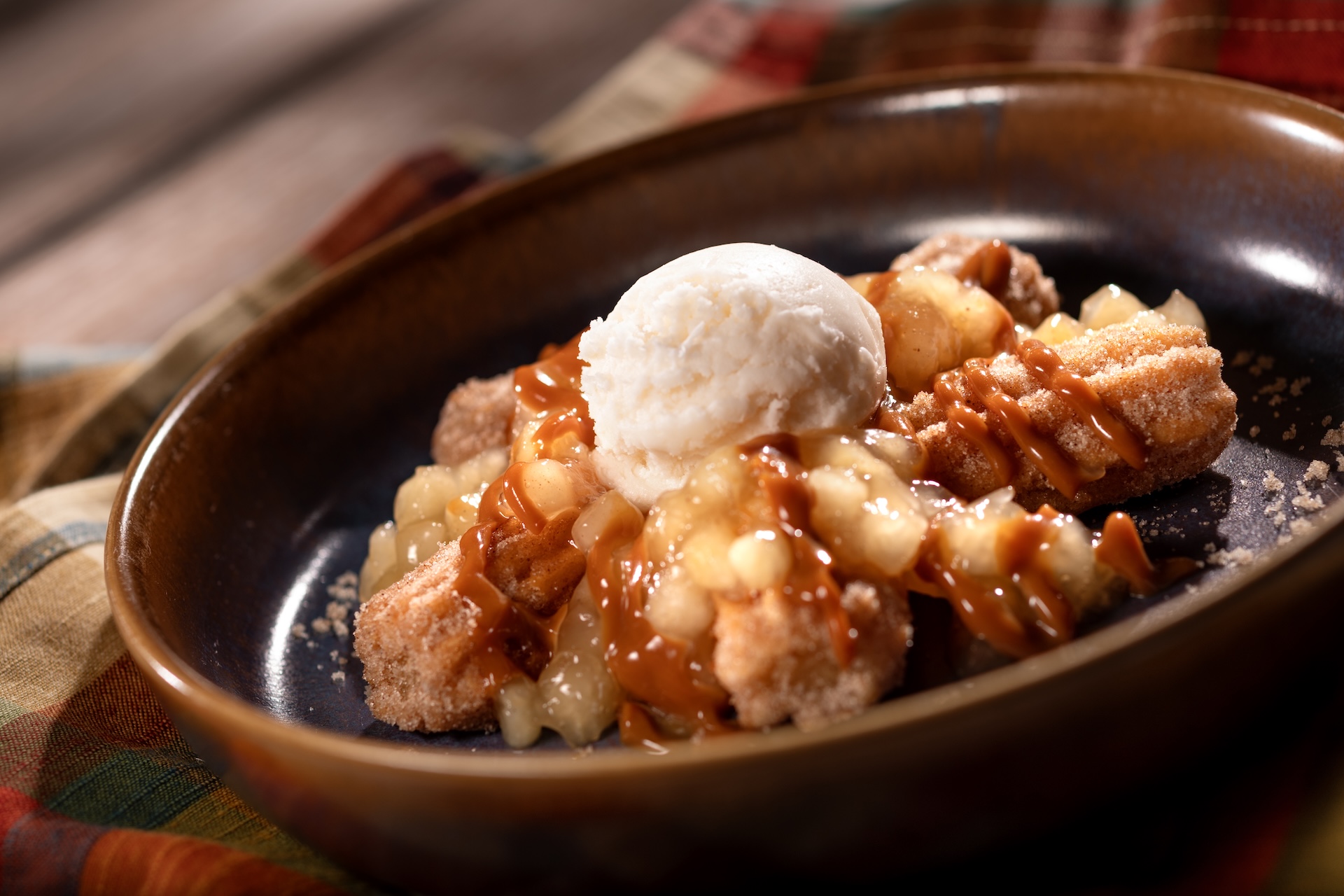 Apple-Cinnamon and Caramel Mini Churros Sundae with vanilla bean gelato  