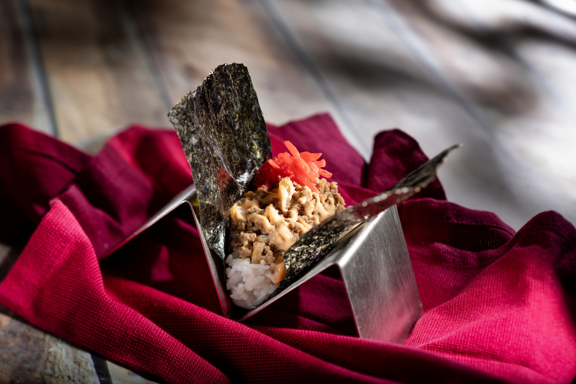 Beef Wagyu Temaki Hand Roll: Temaki hand roll with savory American Wagyu beef, pickled ginger, and spicy mayonnaise sauce (New) 