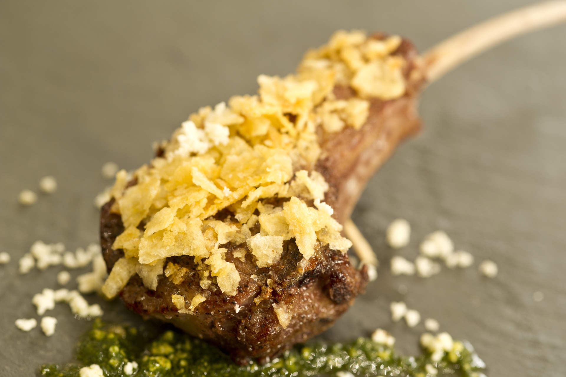 Roasted Lamb Chop with mint pesto and crushed salt and vinegar potato chips (Introduced in 2006)  