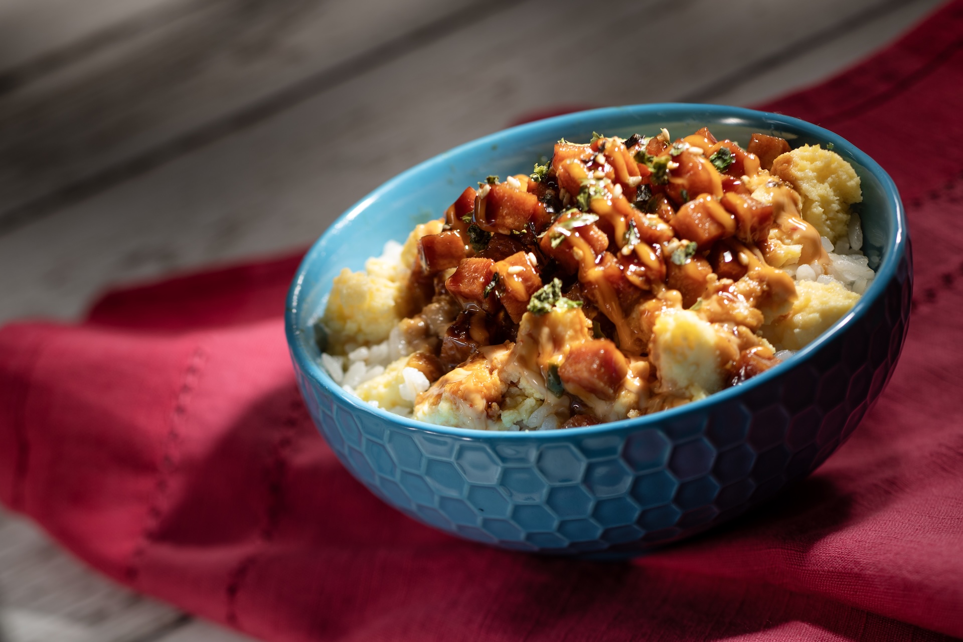Hawaiian Rice Bowl: SPAM, eggs, eel sauce, spicy mayonnaise, and furikake  