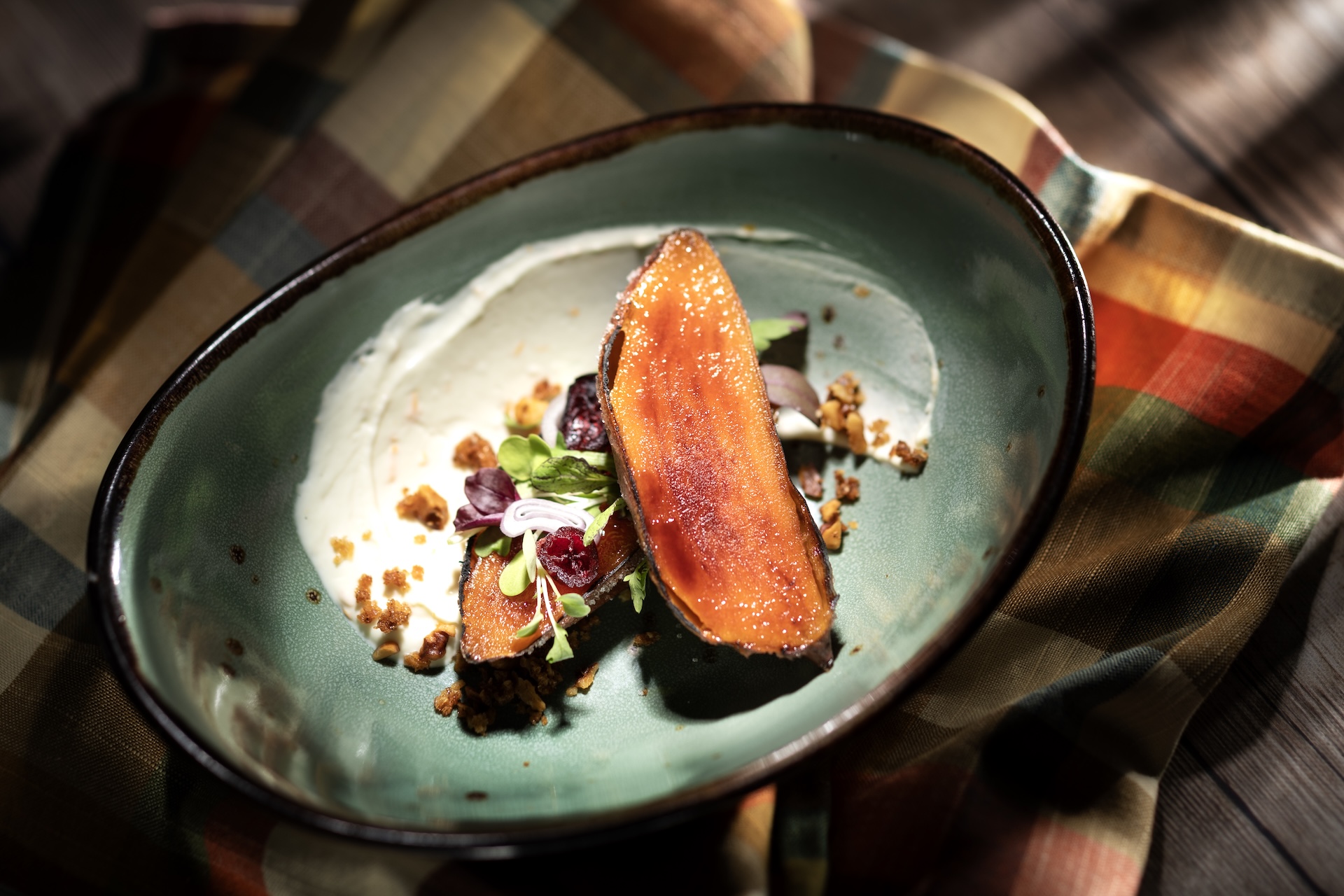 Br&ucirc;l&eacute;ed Sweet Potatoes with dried cranberries, walnut streusel, and orange goat cheese (New) 