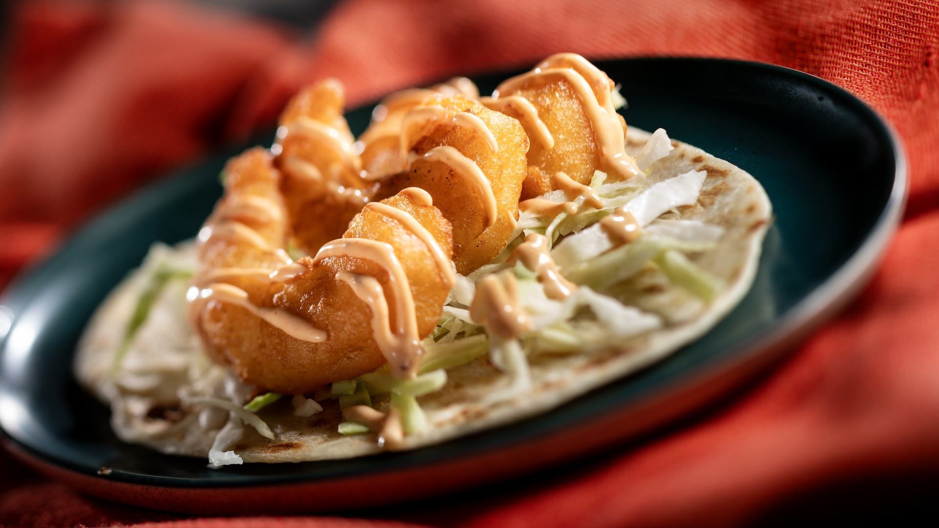 Taco de Camaron: Flour tortilla with crispy tempura shrimp, shredded cabbage, and chipotle a&iuml;oli (Introduced in 2010) (New) 
