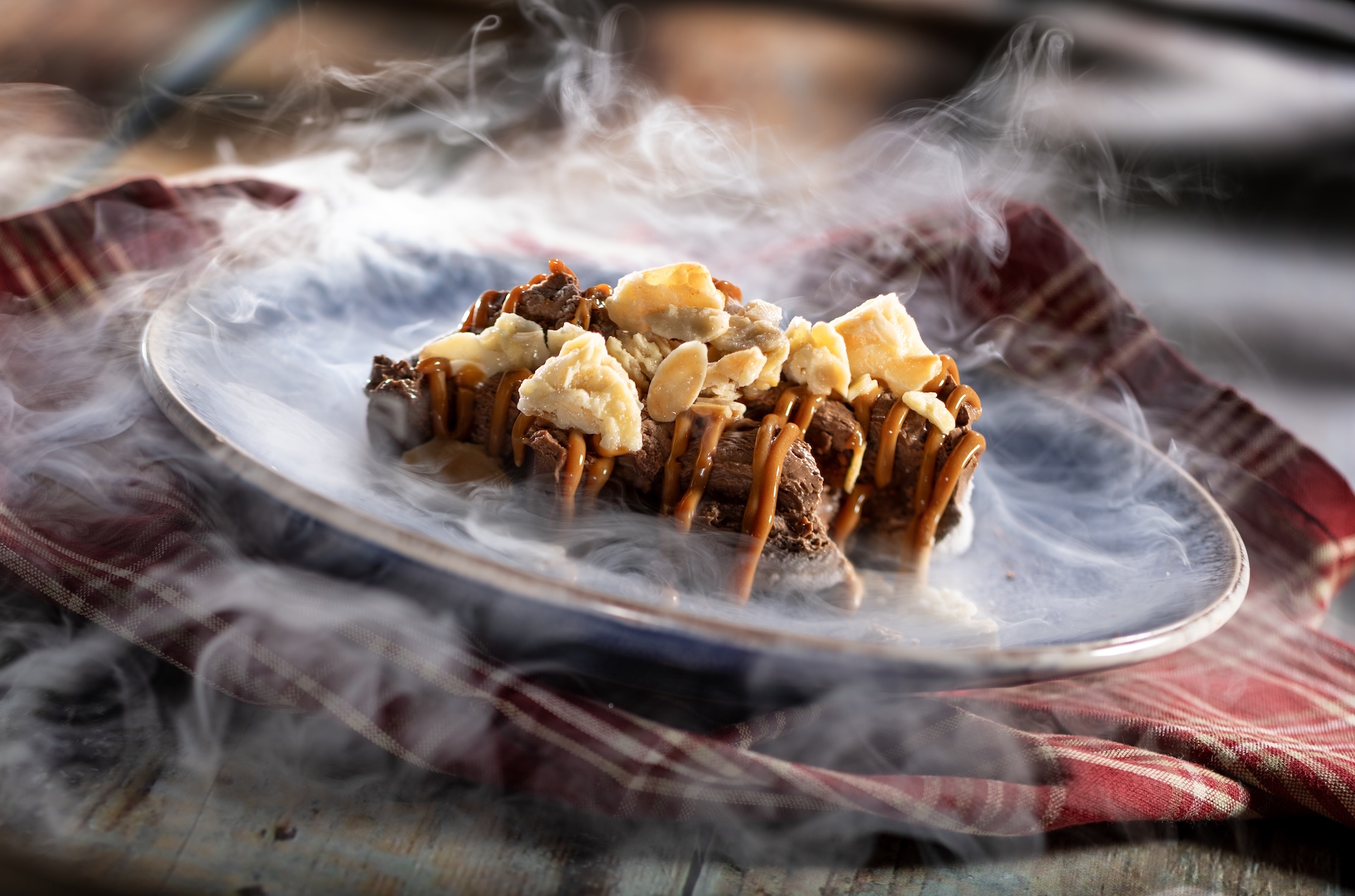 Liquid Nitrogen Almond Truffle Mousse with whiskey-caramel sauce (Introduced in 2015 at Chew Lab) (New) 