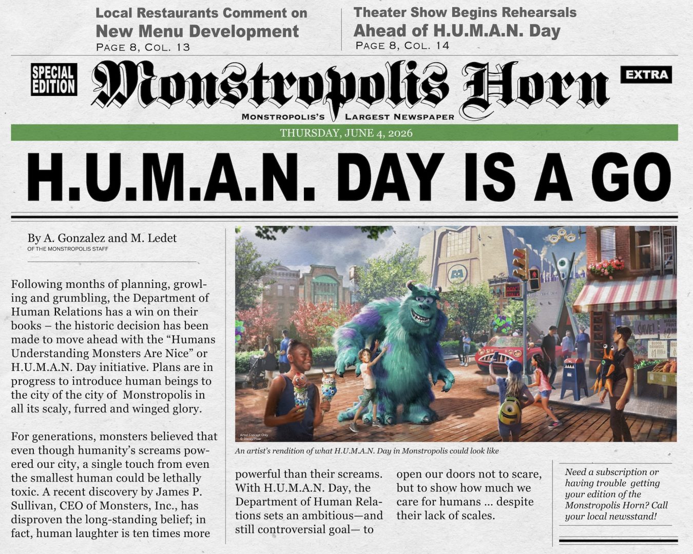 Monstropolis newspaper featuring monsters and humans in a vibrant city scene.