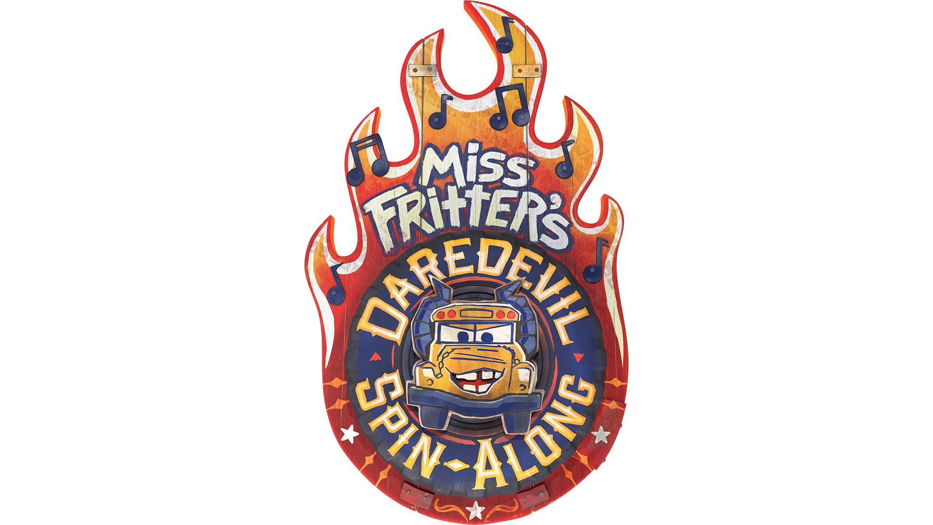 Miss Fritter’s Daredevil Spin-Along logo for the new Cars ride.