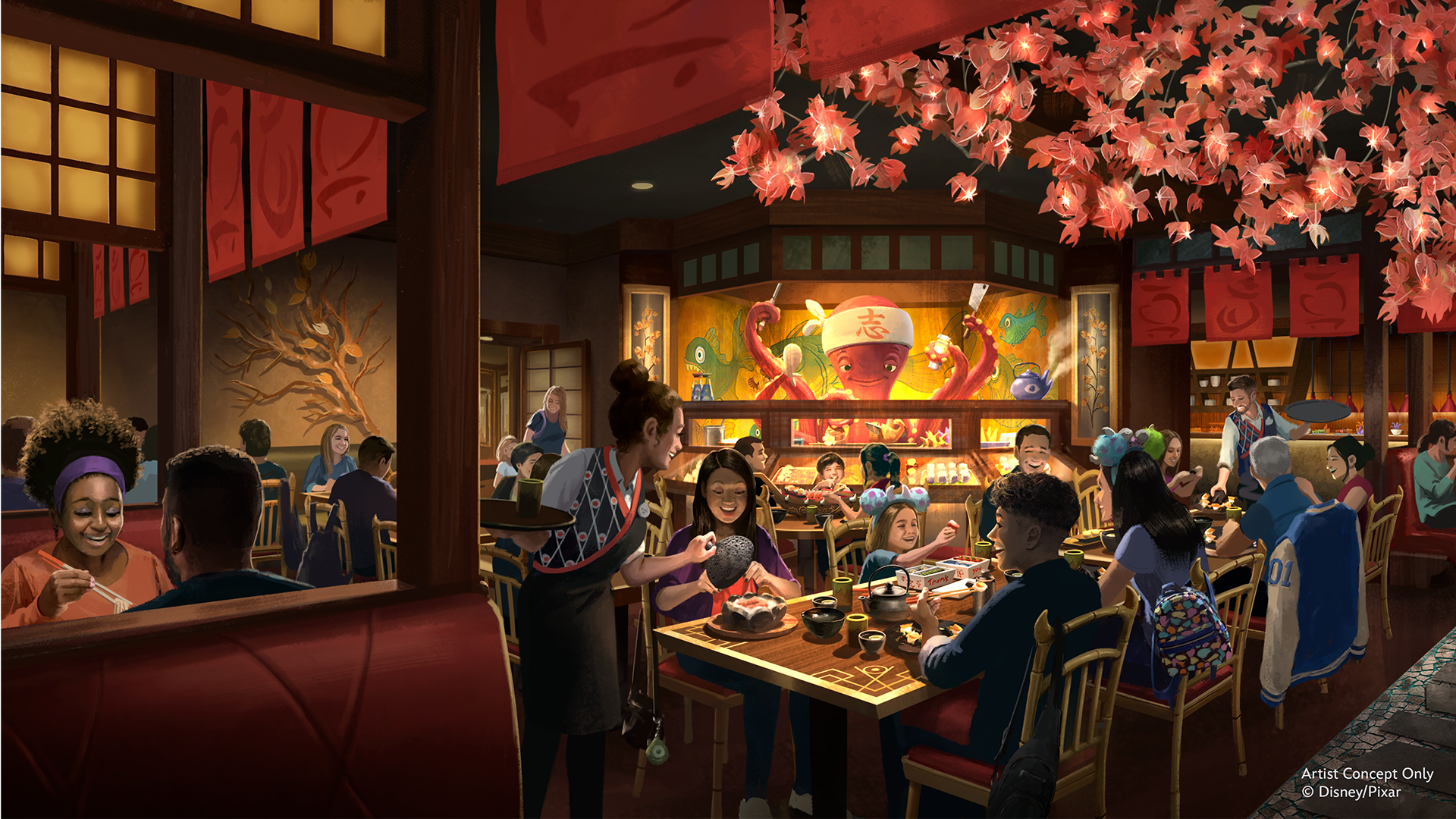 A lively restaurant scene with diverse guests enjoying food and drinks.