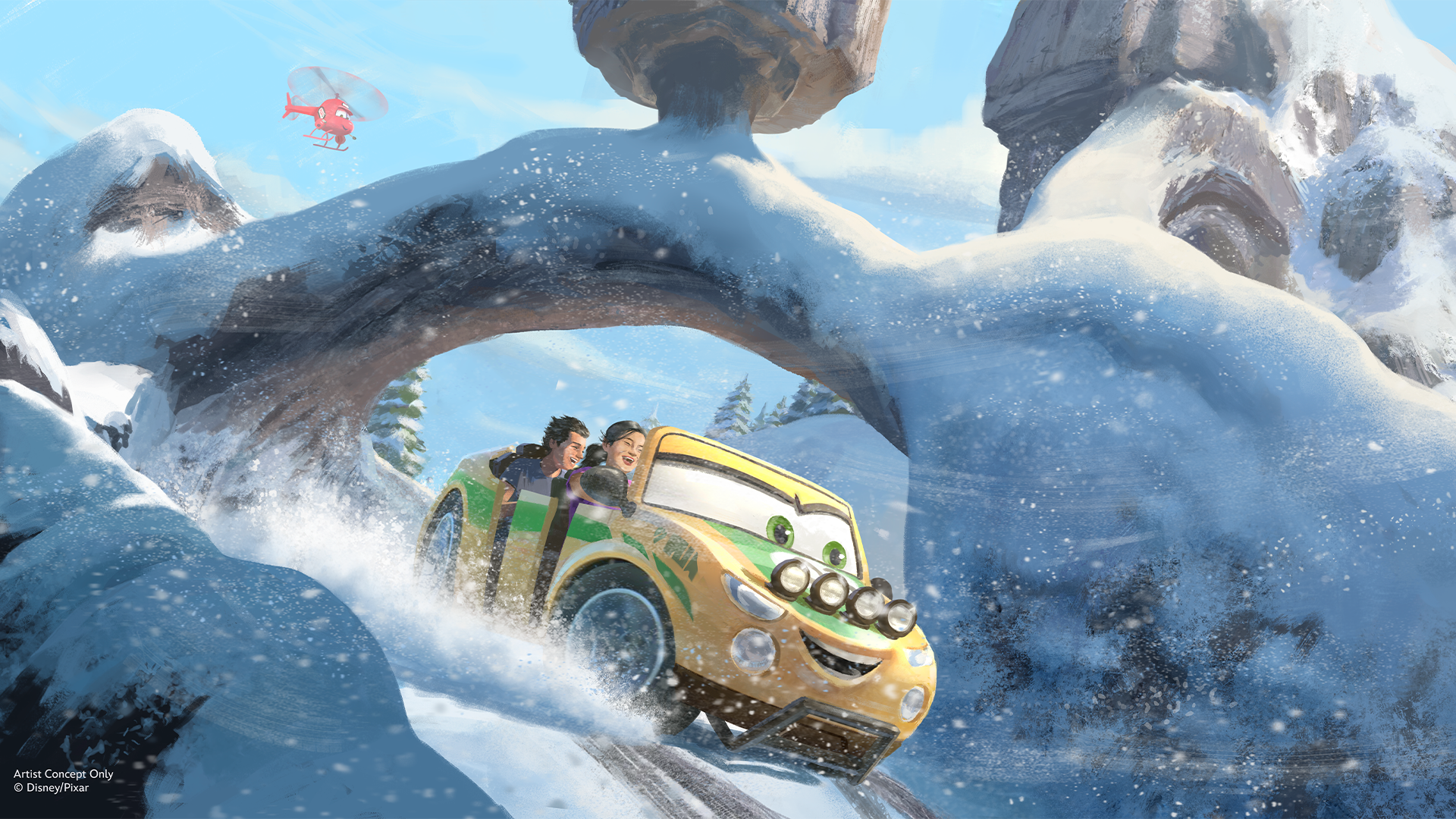 A yellow cartoon car speeds through snowy terrain with two excited passengers.