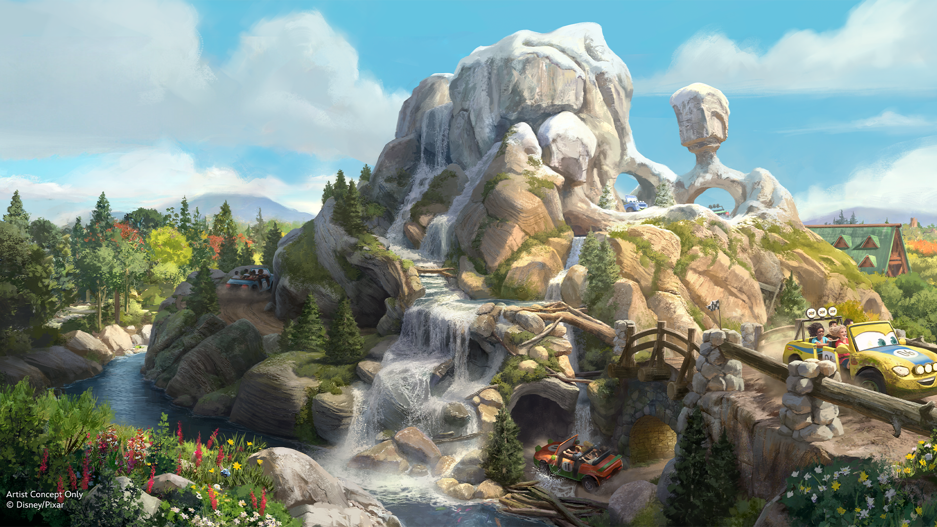 Waterfall cascading down a rocky mountain with colorful trees and vehicles.