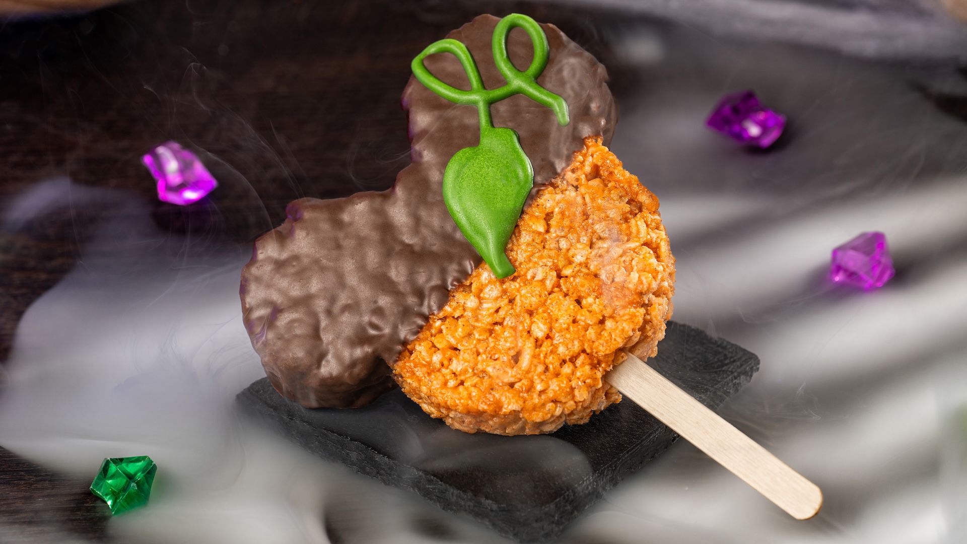 Mickey Pumpkin Spice Cereal Treat: Pumpkin spice-flavored crisped rice cereal treat with milk chocolatey coating (New) 