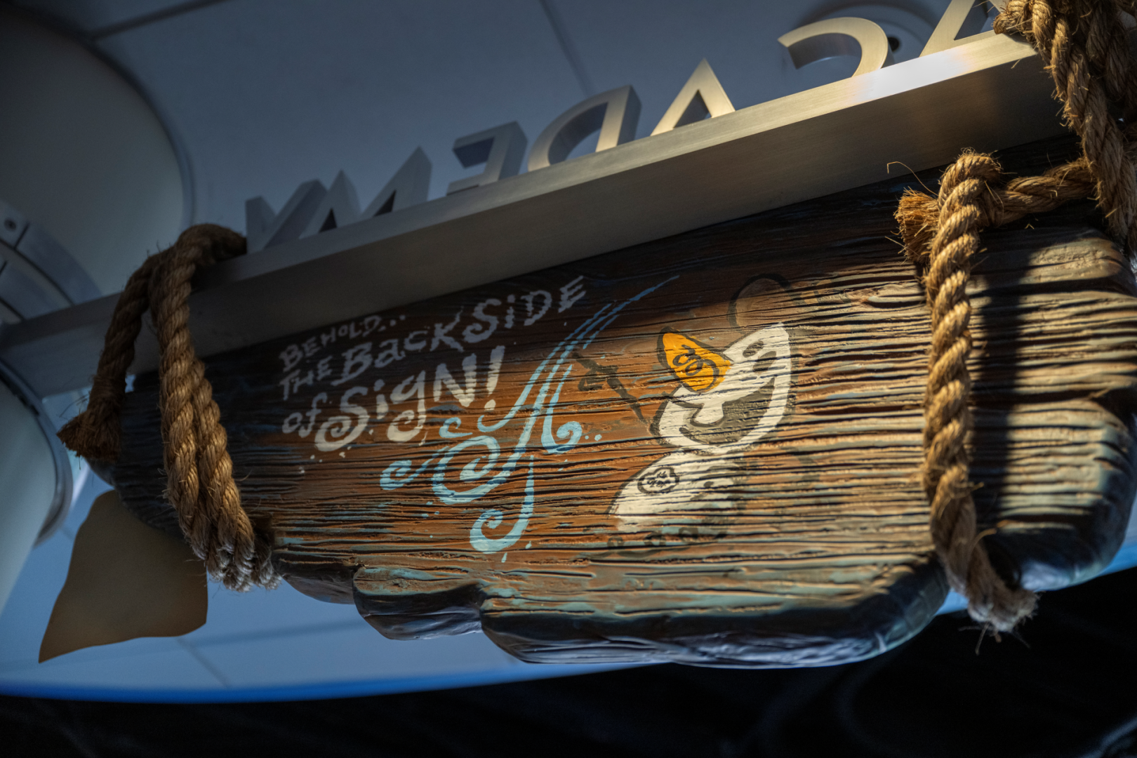 Wooden sign with playful text and cartoon character, adorned with ropes.