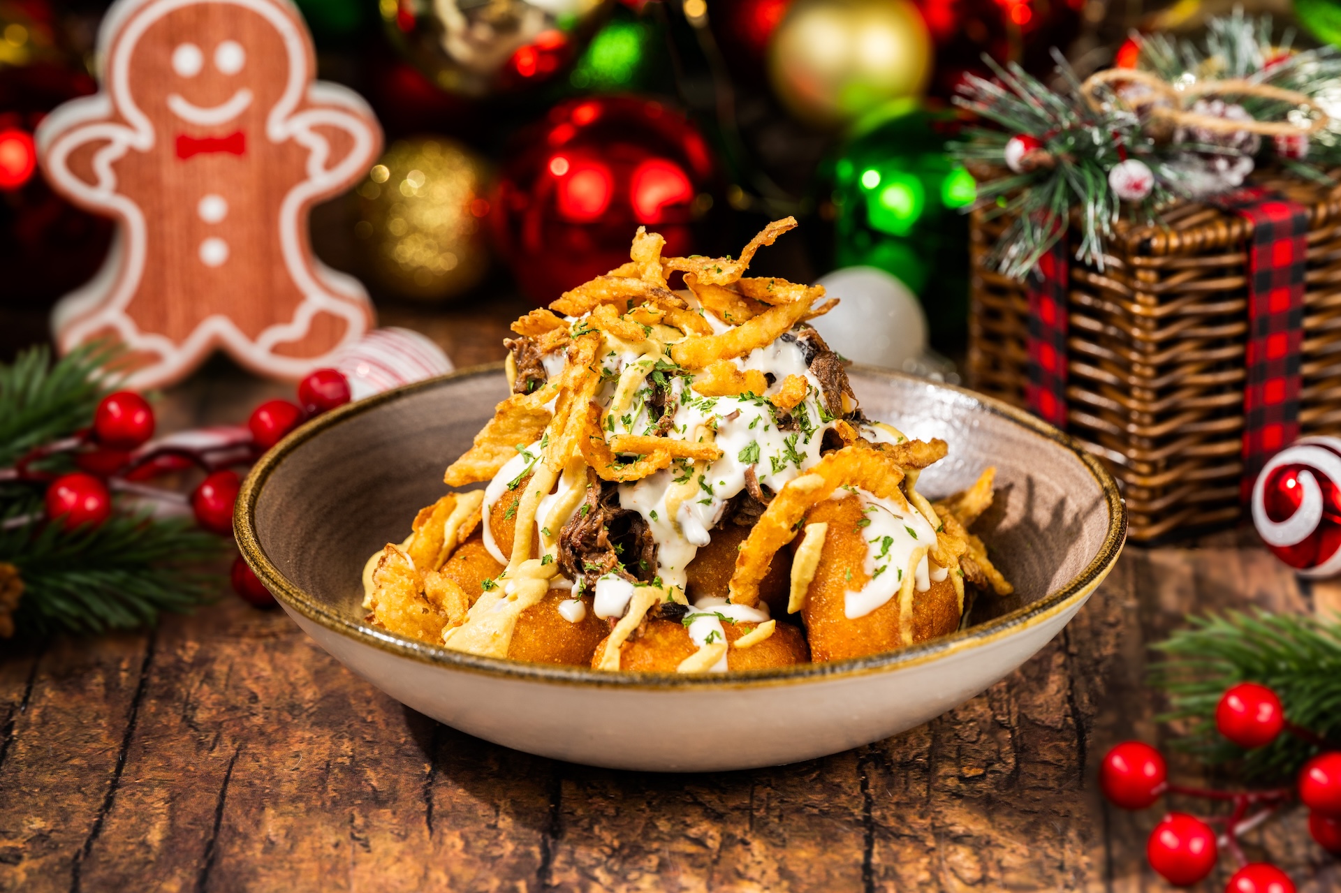 Holiday Pot Roast Mini Corn Dogs topped with pot roast, beer-cheese sauce, crispy onions, and horseradish mustard (Available during Mickey&rsquo;s Very Merry Christmas Party only) 