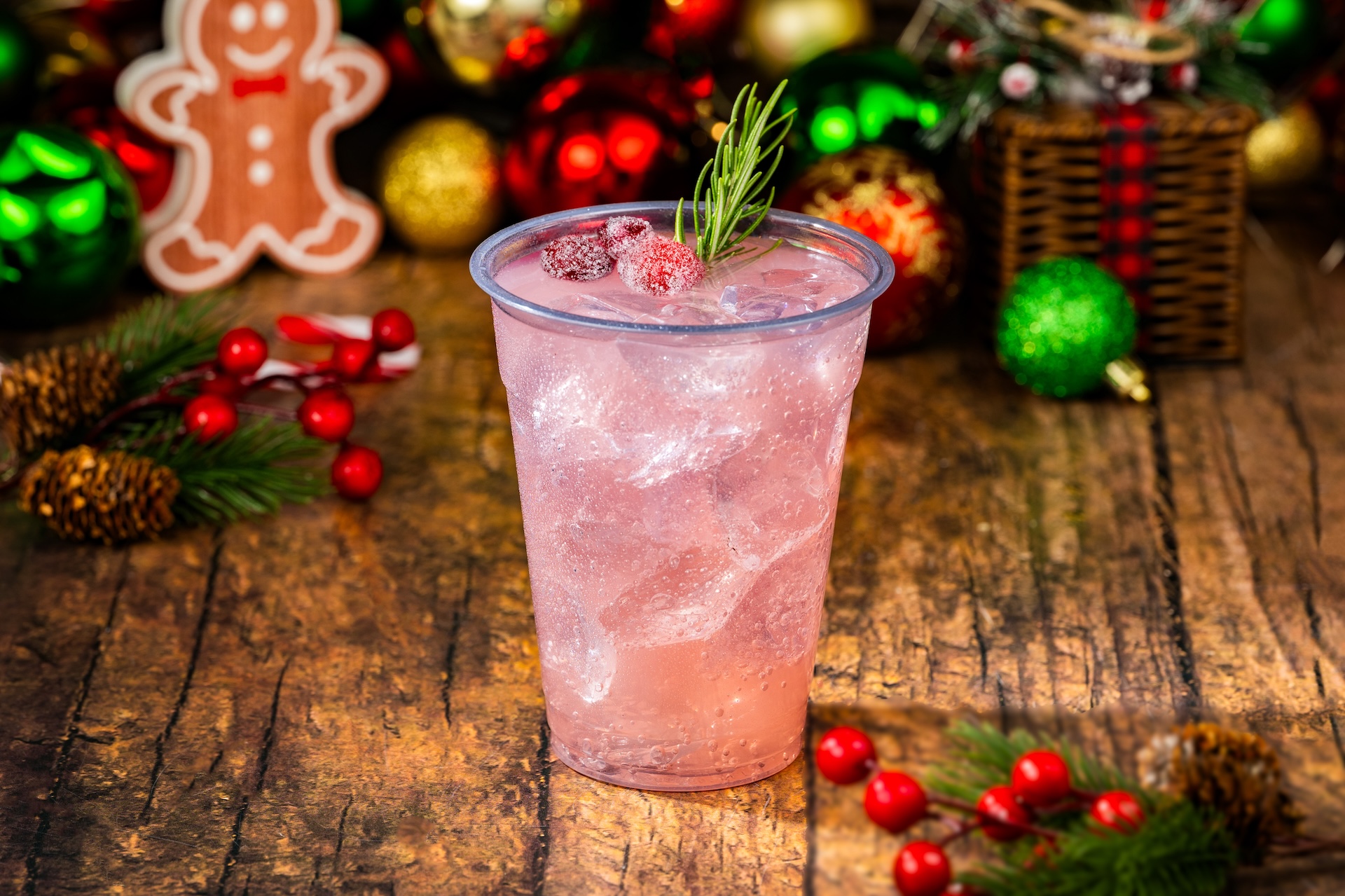 Cranberry Cider Punch: Cranberry juice, apple cider, Sprite with sugared cranberries and a rosemary sprig (Available during Mickey&rsquo;s Very Merry Christmas Party only) 