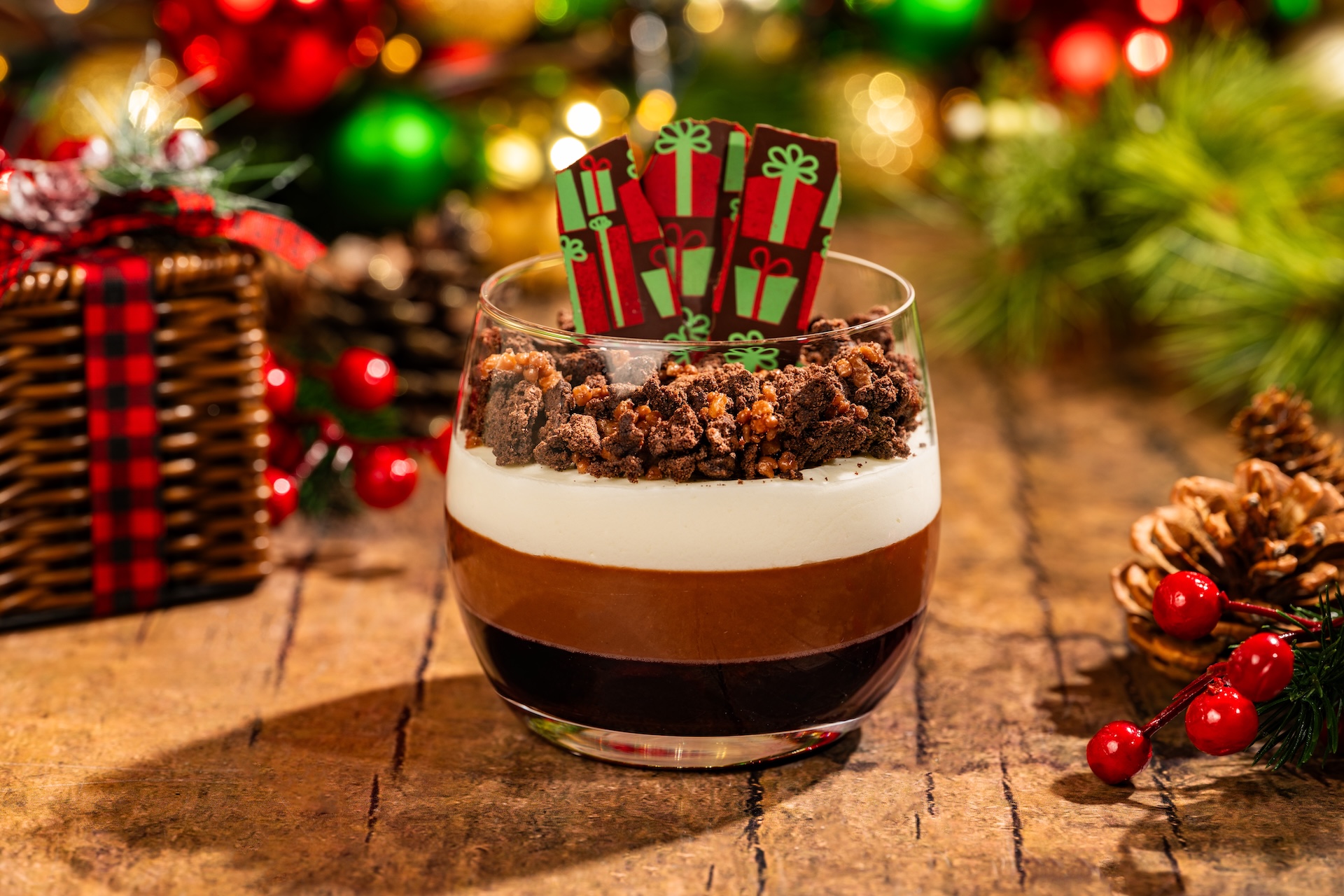 Flourless Black Forest Trifle: Layers of cherry brandy compote, chocolate cr&eacute;meux, chantilly cream, and festive chocolate (Available during Mickey&rsquo;s Very Merry Christmas Party only) 