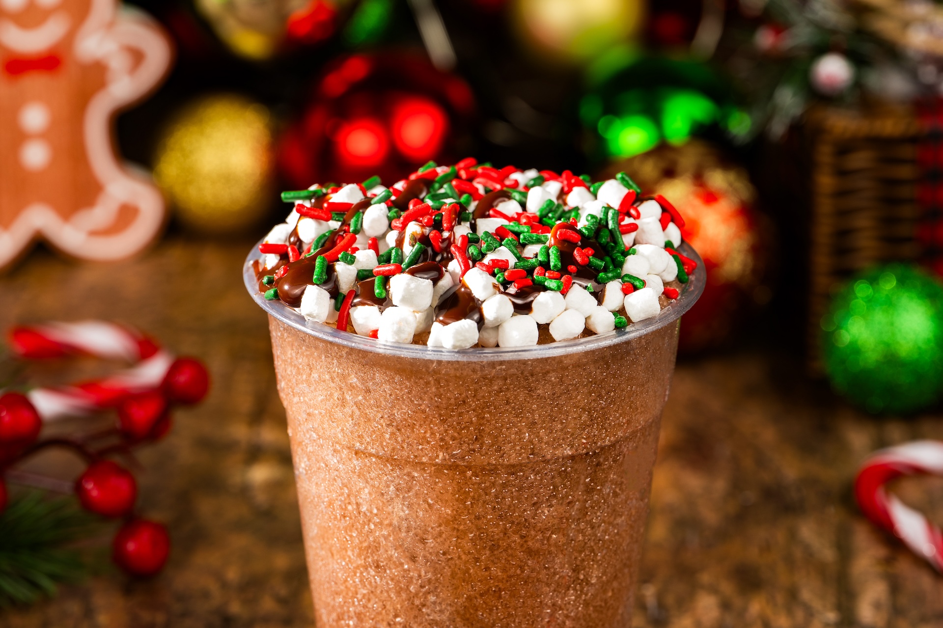 Frozen Hot Cocoa: Frozen hot cocoa by Joffrey's with toasted marshmallow syrup topped with chocolate sauce, marshmallows, and festive sprinkles (Available during Mickey&rsquo;s Very Merry Christmas Party only) 