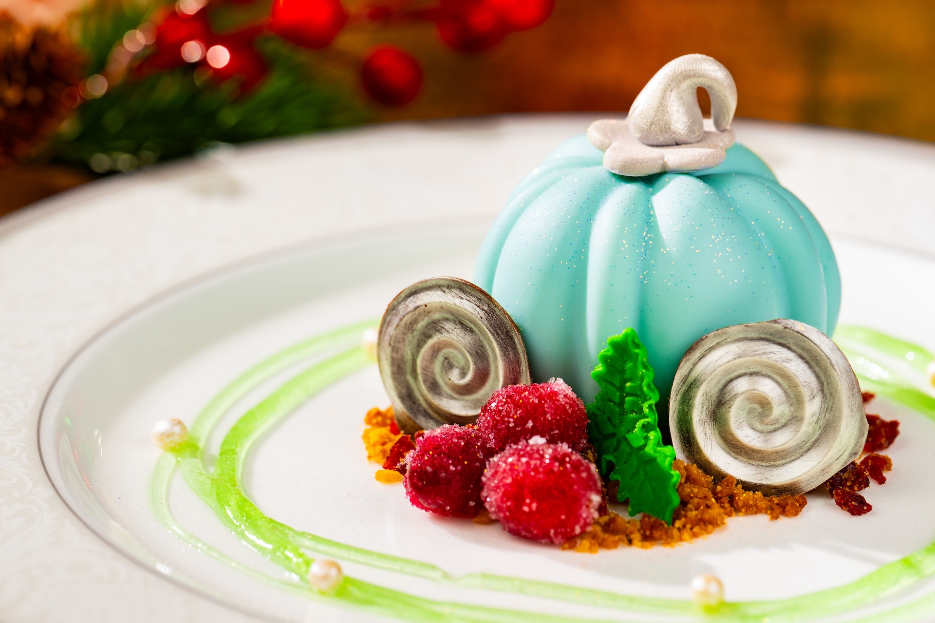 Hazelnut Carriage Cake: Spiced poached pear, vanilla bean mousse, and sugared cranberries (Available during Mickey&rsquo;s Very Merry Christmas Party only) 