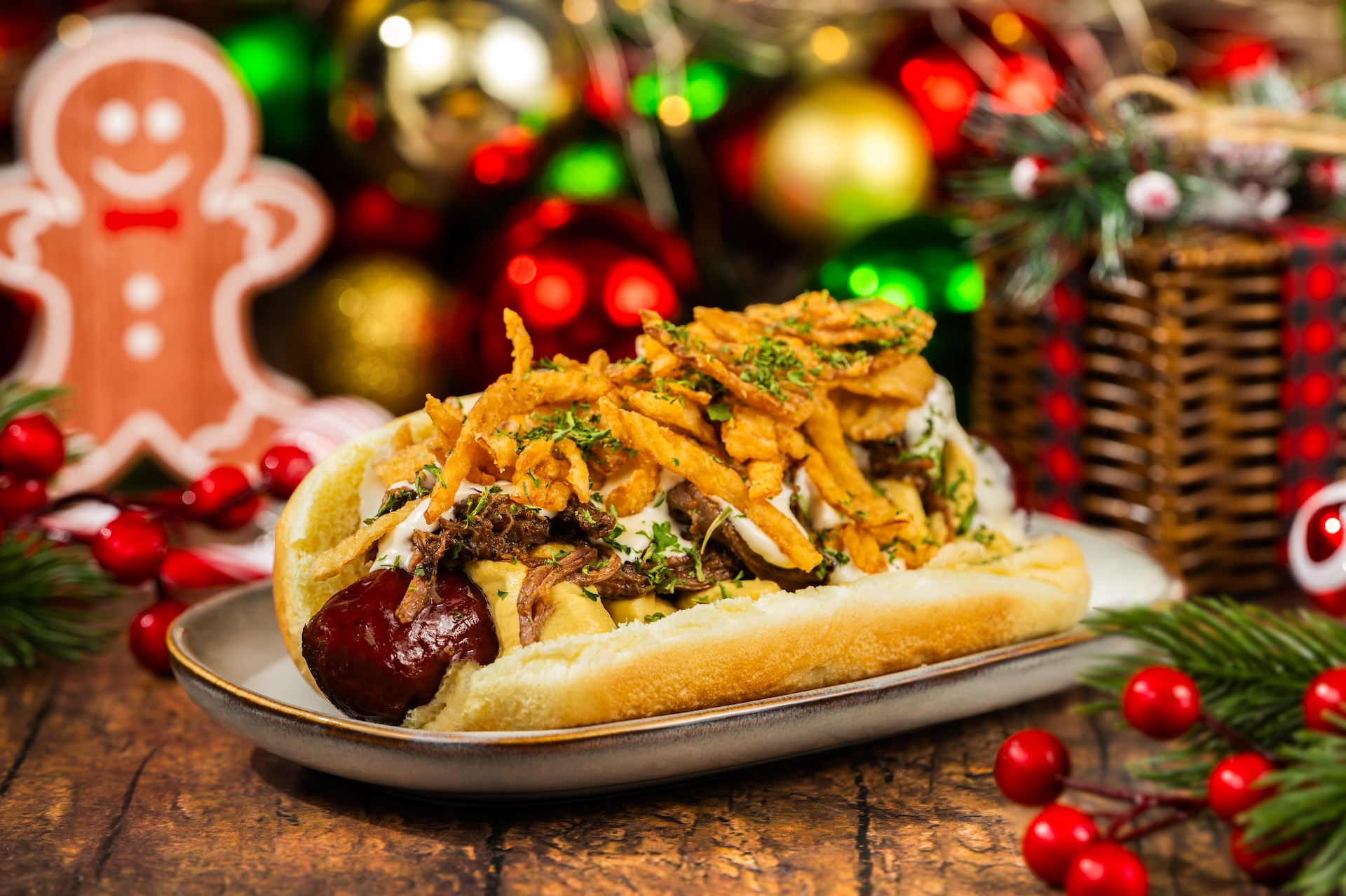 Holiday Pot Roast Hot Dog: All-beef hot dog topped with pot roast, beer-cheese sauce, crispy onions, and horseradish mustard (Available during Mickey&rsquo;s Very Merry Christmas Party only) 