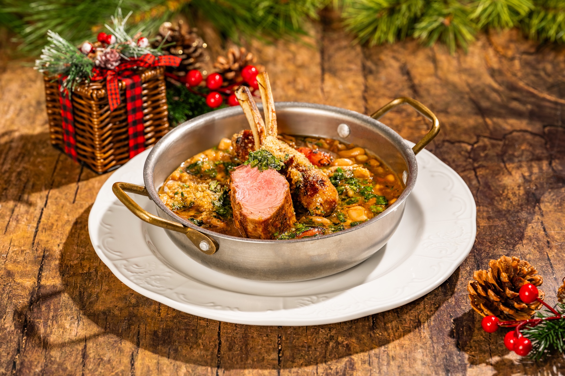 Lamb Chop Cassoulet: Lamb sausage and white bean stew, tomatoes, toasted breadcrumbs, and mint sauce verte (Available during Mickey&rsquo;s Very Merry Christmas Party only) 