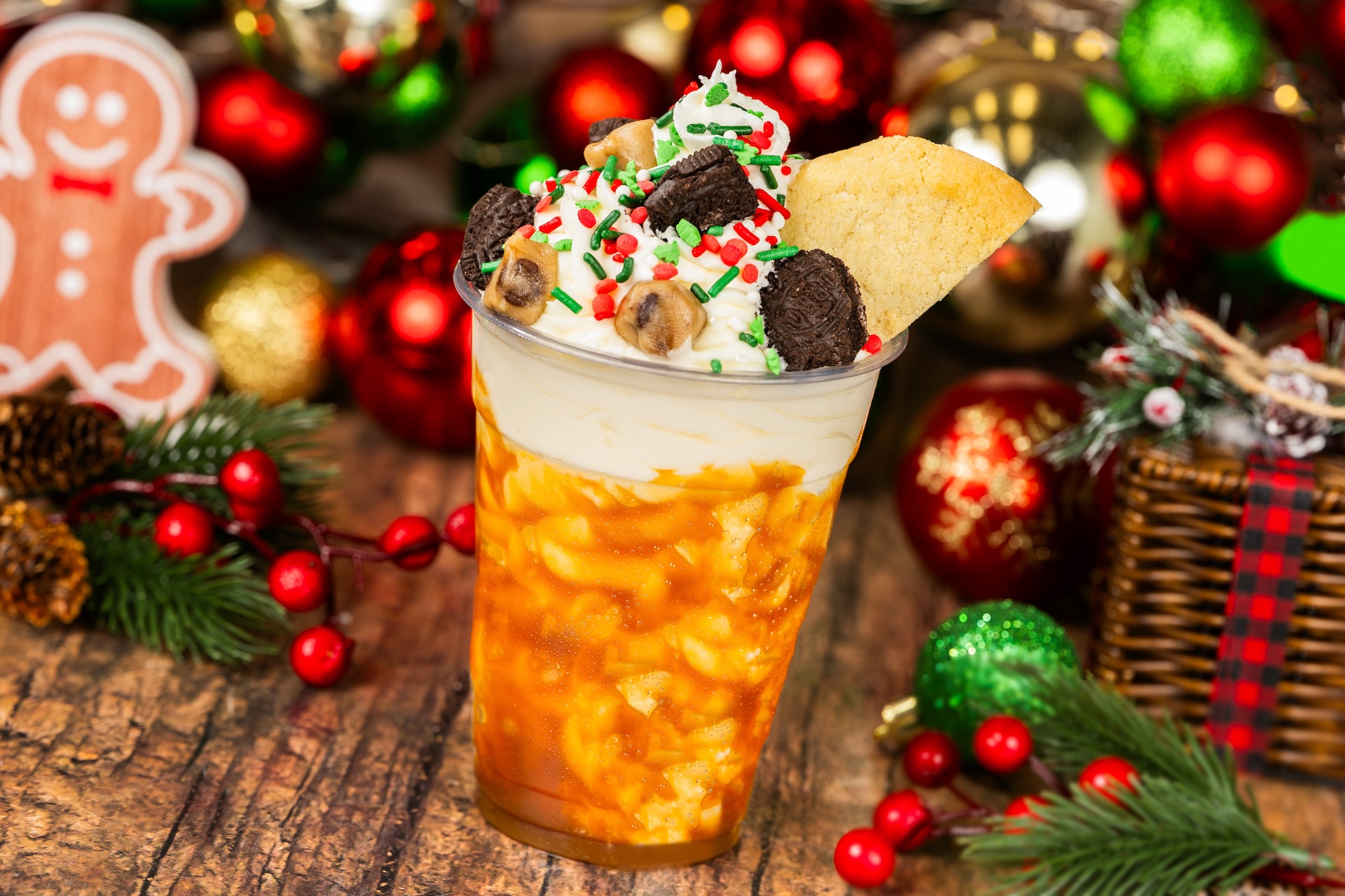 Nice List Shake: Vanilla shake with caramel, festive cookies, and chocolate chip cookie dough topped with whipped cream and holiday sprinkles (Available during Mickey&rsquo;s Very Merry Christmas Party only) 