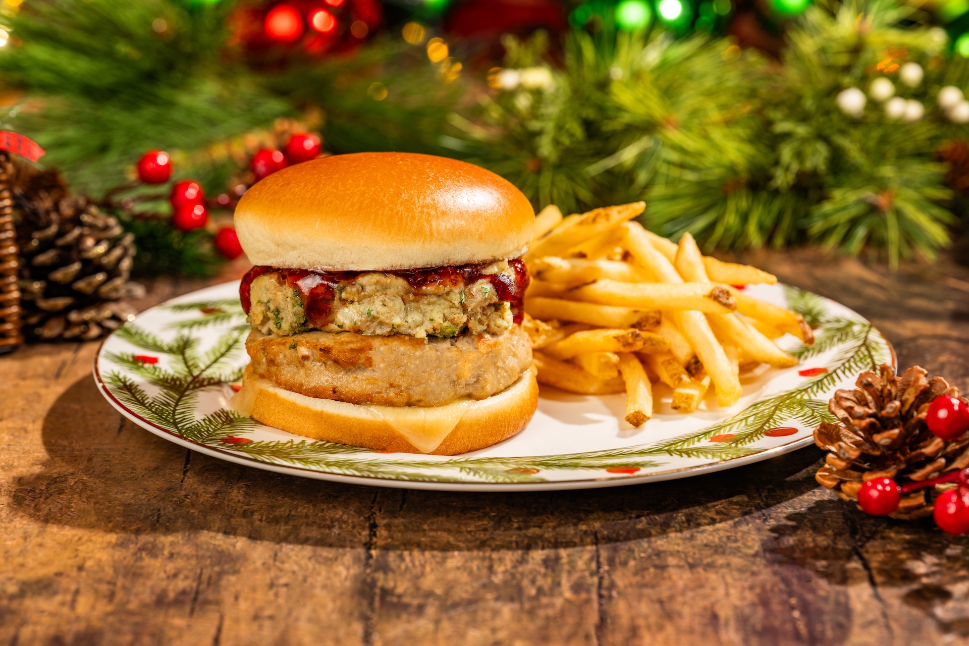 Holiday Turkey Burger topped with traditional stuffing, Swiss cheese, and cranberry chutney on a brioche bun (Available during Mickey&rsquo;s Very Merry Christmas Party only) 