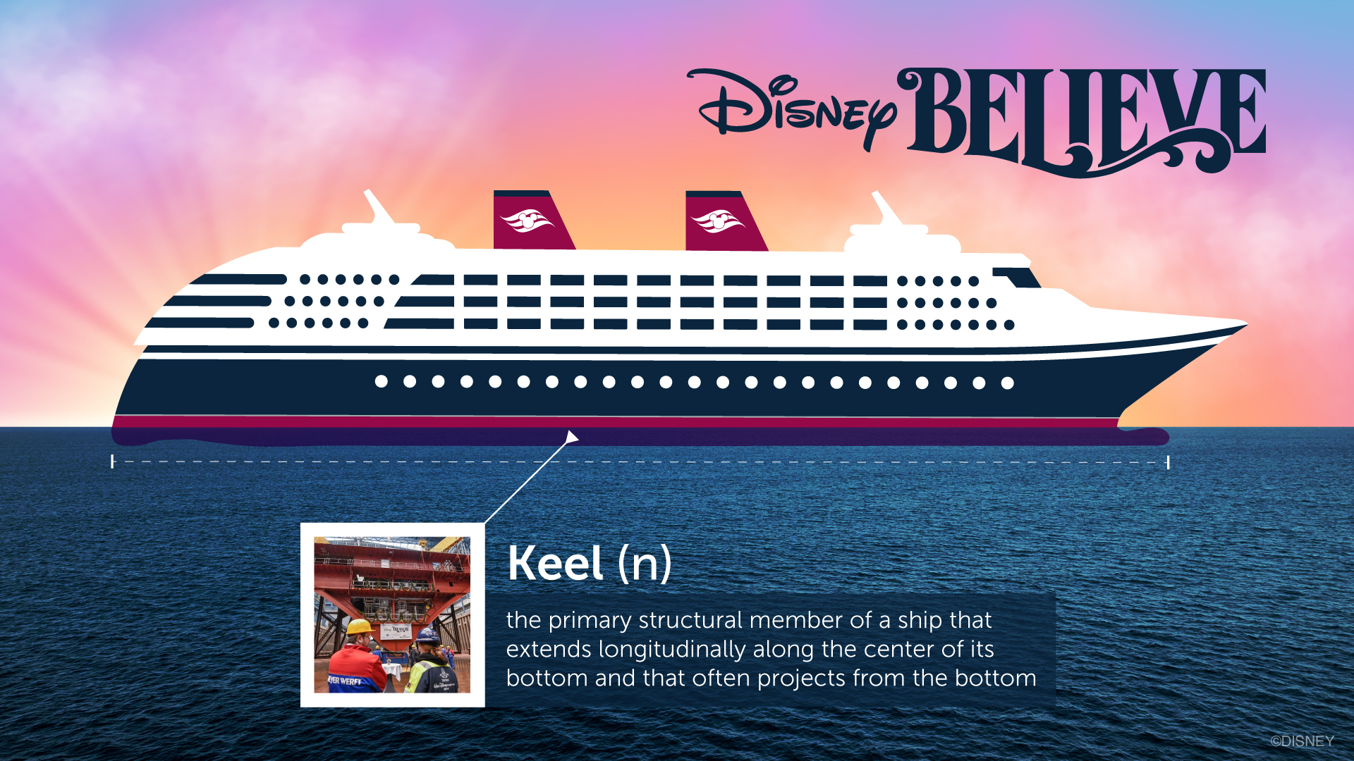 Disney Believe Keel (n) the primary structural member of a ship that extends longitudinally along the center of its bottom and that often projects from the bottom